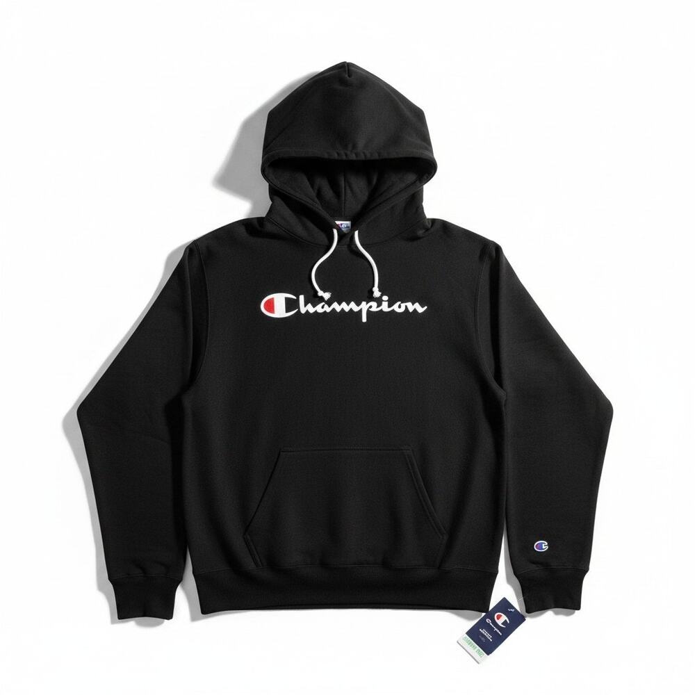 NWT Champion Mens PowerBlend Logo Pullover Hoodie Black L Streetwear Classic